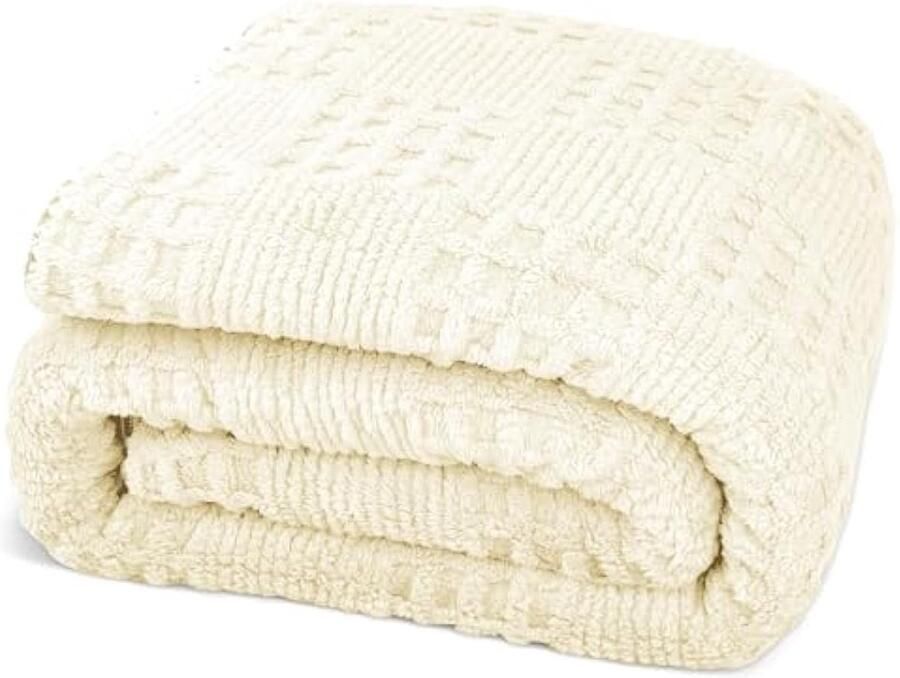 Knuffeldeken 150 x 200 cm pluizige deken zachte wafelpiqué sprei kreukvrije en duurzamee knuffeldeken woondeken sprei voor bank zeeselbed 100% polyester 400 g m² (beige 100 x 150 cm)