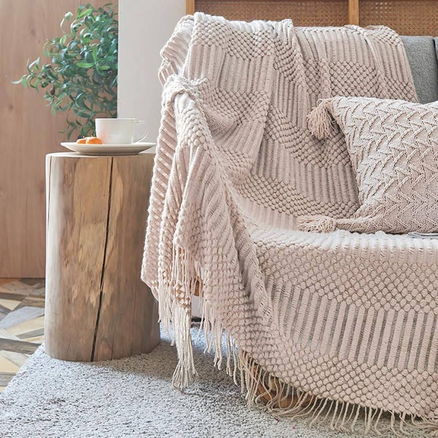 Knuffeldeken boho-deken woondeken gebreide sofadeken sprei licht dun zomerdeken bank deken gebreide deken reisdeken deken met franjes beige groot 130 x 200 cm