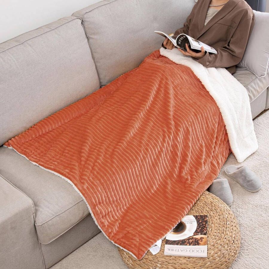 Knuffeldeken dikke deken lamsdeken gestreepte pluizige zachte deken bankgooi bankdeken voor bed bank woonkamer 150 x 200 cm oranjerood
