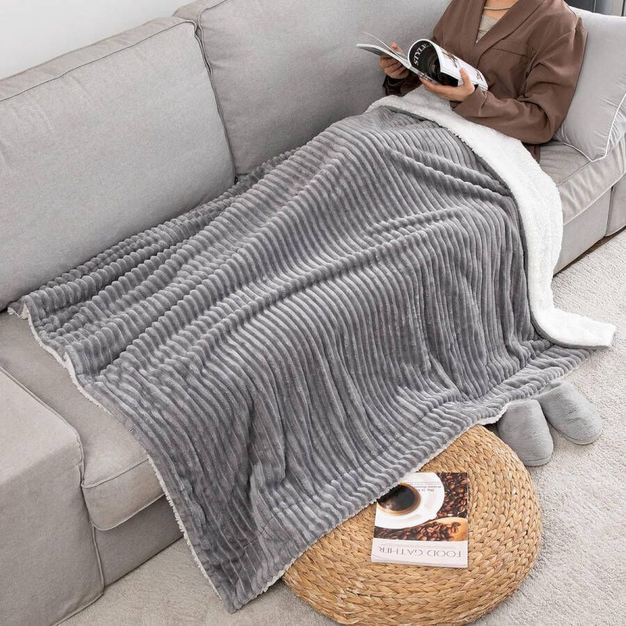 Knuffeldeken dikke deken lamsdeken gestreepte pluizige zachte deken bankgooi bankdeken voor bed bank woonkamer 150 x 200 cm grijs