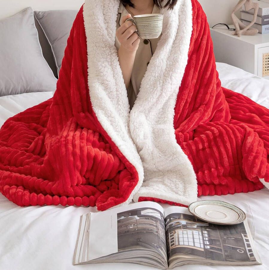 Knuffeldeken dikke deken lamsdeken gestreepte pluizige zachte deken bankgooi bankdeken voor bed bank woonkamer 150 x 200 cm rood