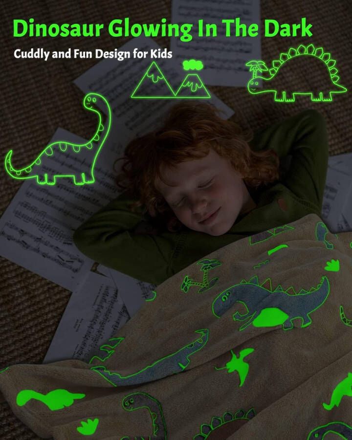 Knuffeldeken dinosaurus kinderen dino deken Glow in The Dark zachte pluizige fleecedeken voor kinderen gloeideken dinosaurus zachte bank dino cadeau voor jongens en meisjes 130 x 150 cm