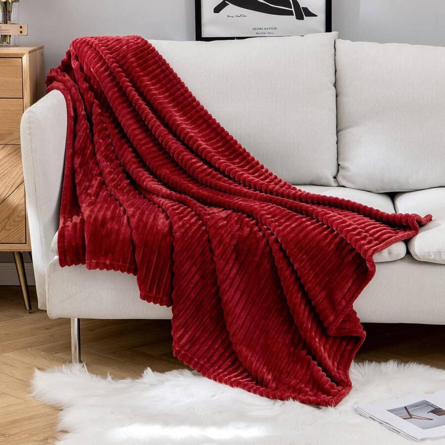 Knuffeldeken fleecedeken flanel deken effen woondeken sofadeken wollig microvezel sprei bankdeken deken voor bed bank slaapkamer kantoor 150 x 200 cm wijnrood