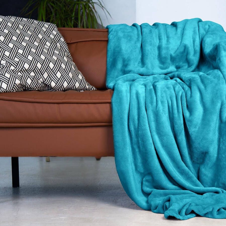 Knuffeldeken fluffy & super zacht hoge kwaliteit fleece deken ook perfect als woondeken sprei sofa deken & zomerdeken geschikt elegante gooideken voor sofa & bank (Turquoise 150x130 cm)