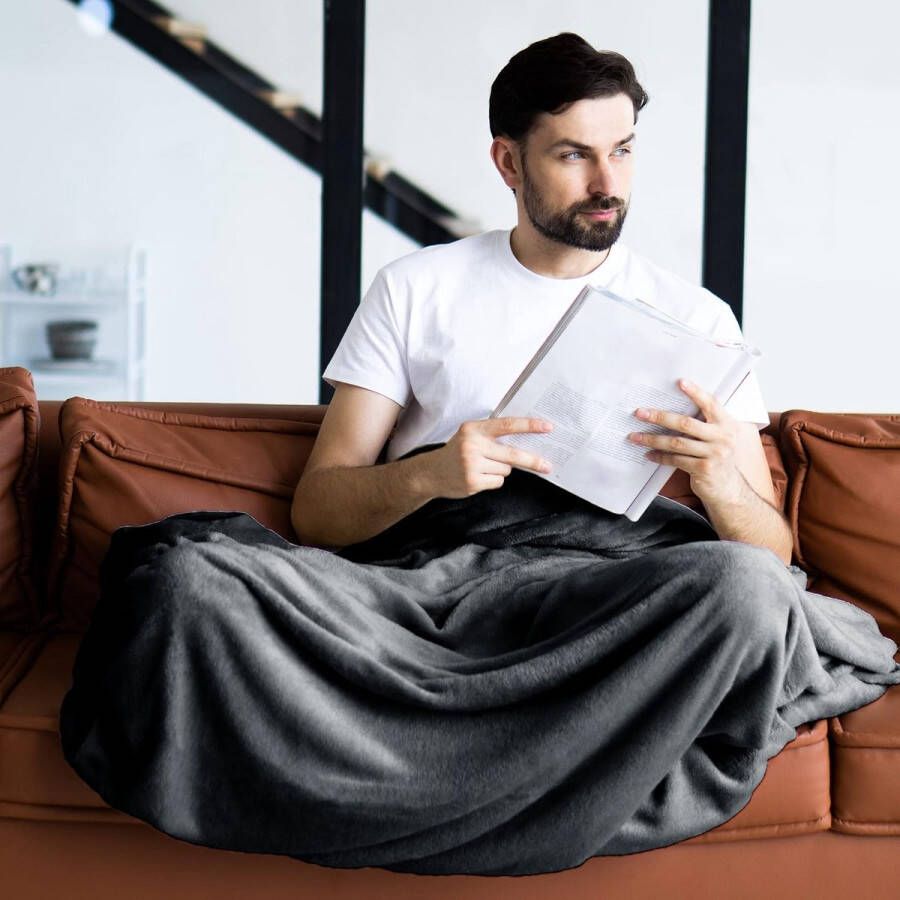 Knuffeldeken fluffy & super zacht hoge kwaliteit fleece deken ook perfect als woondeken sprei sofa deken & zomerdeken geschikt elegante gooideken voor sofa & bank (Antraciet 240x220 cm) - Foto 2