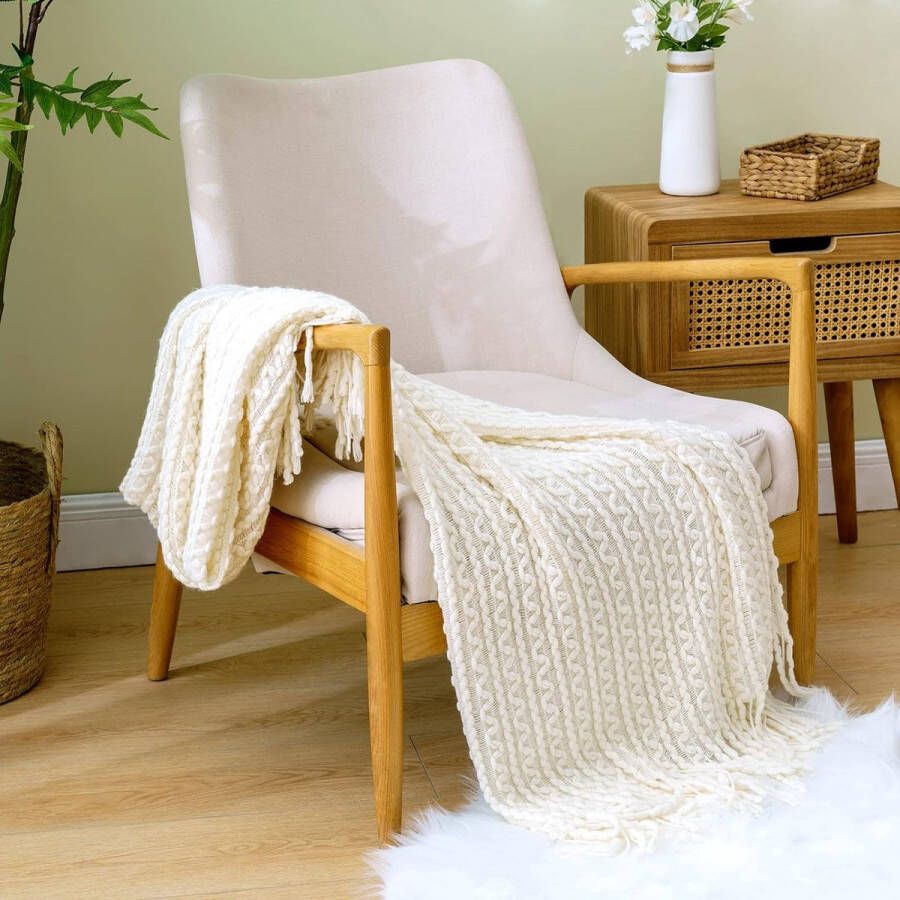 Knuffeldeken gebreide boho-deken zacht wollig fleecedeken effen voor bank stoel slaapkamer kantoor of bed 125 x 150 cm wit