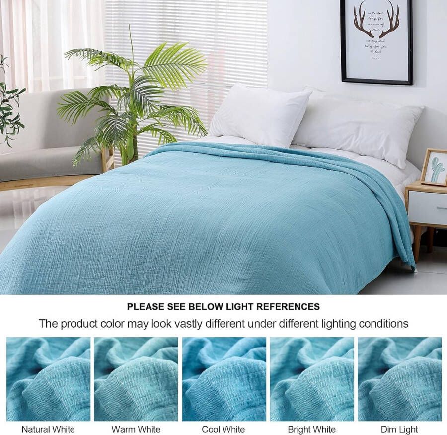 Knuffeldeken katoenen deken 4-laagse zachte knuffeldeken voor bank sprei licht comfortabel mousseline deken voor het hele seizoen bankdeken bankovertrek lichtblauw deken 130 x