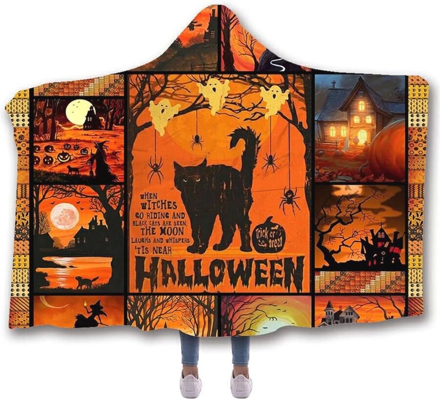 Knuffeldeken met capuchon Fleece Pluizig en Superzacht 130 cm x 150 cm Orange Zwart Warm en Licht Ideaal voor Bank en Bed Voor Katten en Kamperen