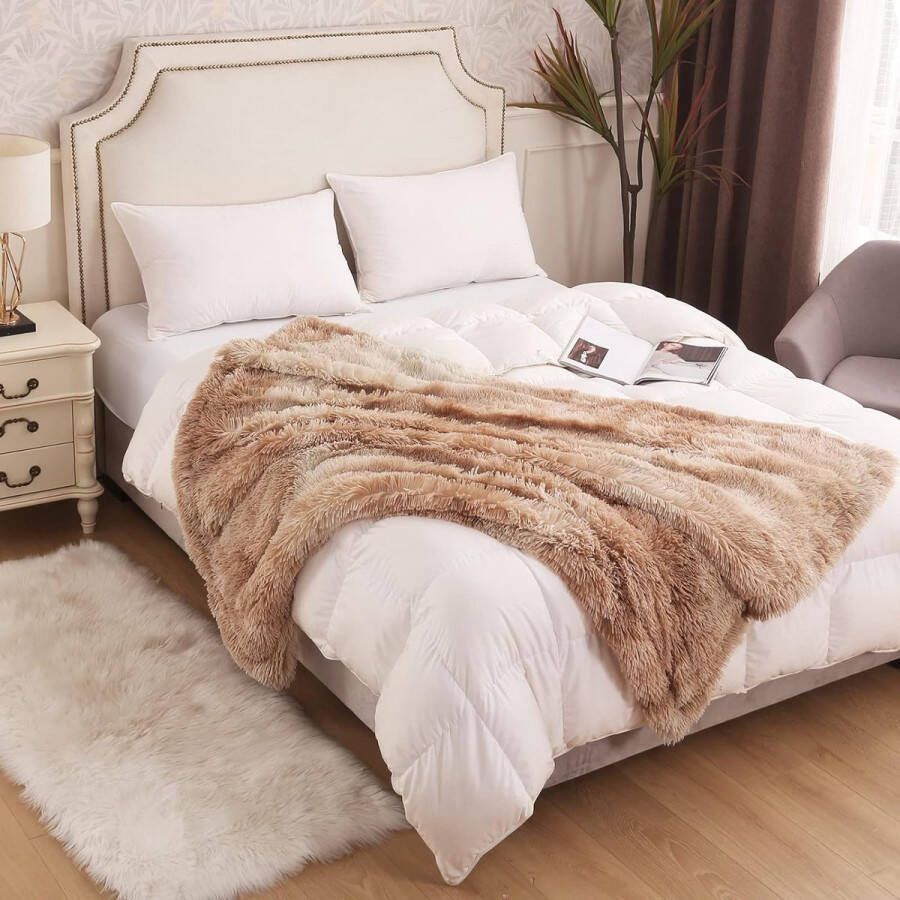 Knuffeldeken Pluizig superzacht pluche dik en elegant lang haar Shaggy deken warme gezellige omkeerbare pluizige deken voor bank en bed (bruin 130 x 150 cm)