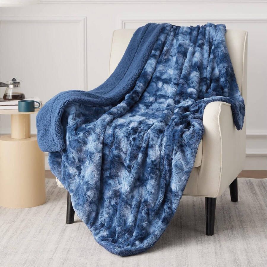 Knuffeldeken pluizige bankdeken werpdeken nepbont fleece sherpawoldeken voor bank dikke deken warm pluche klein 150 x 200 cm blauw