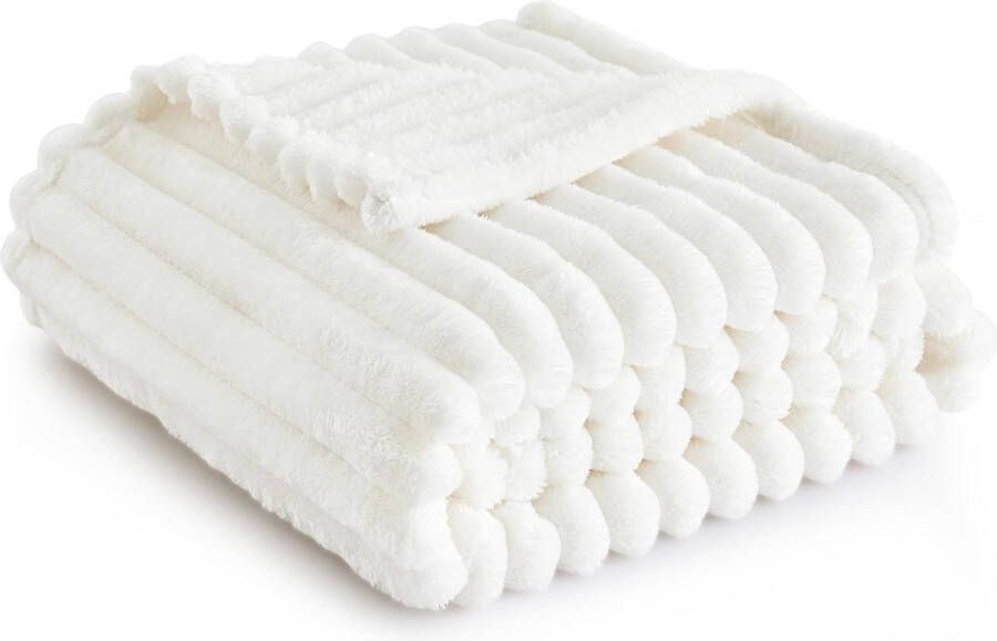 Knuffeldeken pluizige deken fleece deken zacht warm grof koord deken gezellige plaid voor bed en bank wit 130 x 170 cm