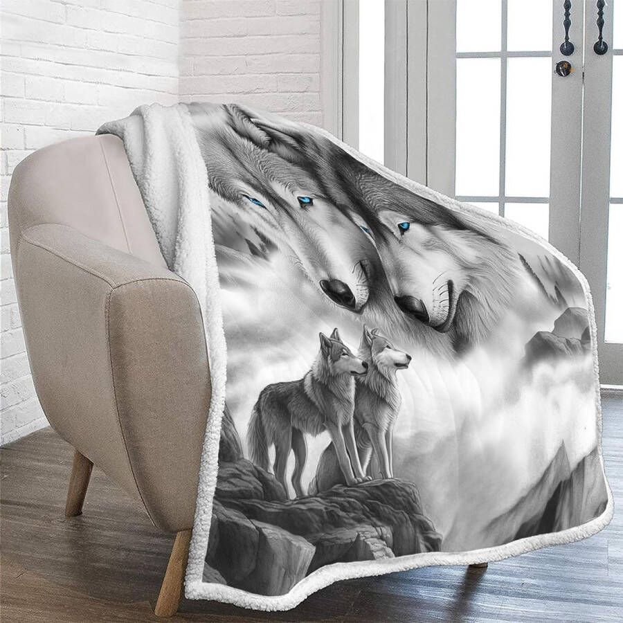 Knuffeldeken pluizige sherpa-deken 3D wolf kinderen fleecedeken woondeken grijs warme bankovertrek deken bankdeken sprei voor bed en bank 150 x 200 cm