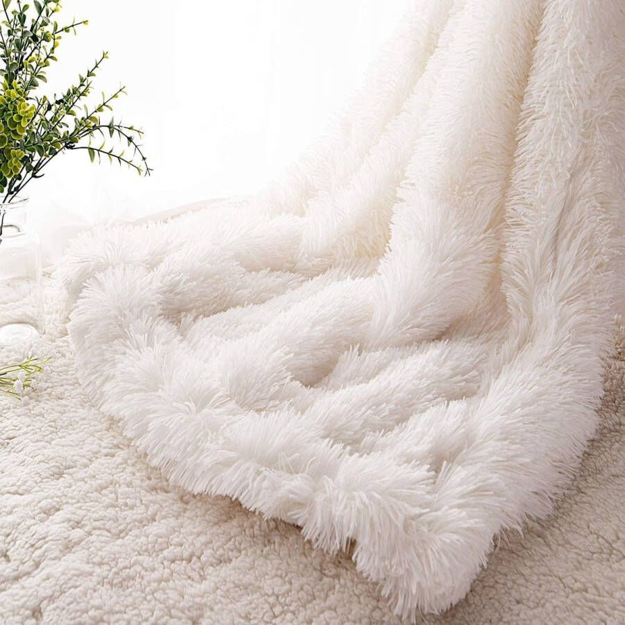 Knuffeldeken superzacht pluche dik en elegant lang haar Shaggy deken warme gezellige omkeerbare pluizige deken voor bank en bed (wit 130 x 150 cm)