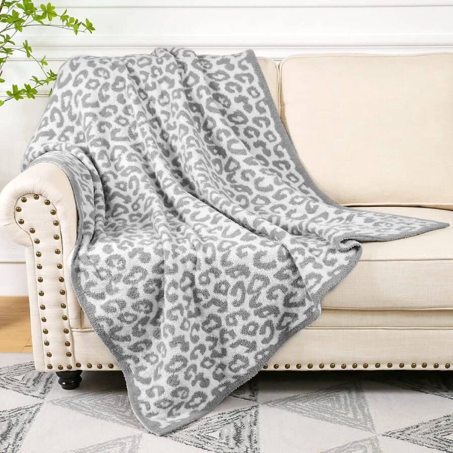 Knuffeldeken superzachte pluche deken met luipaardpatroon warm en gezellig gebreide polyesterdeken omkeerbare pluizige deken voor bank bed bank reizen 130 x 150 cm (lichtgrijs)