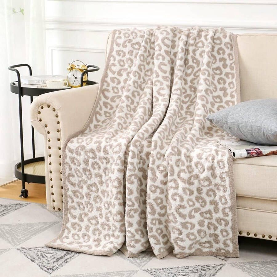 Knuffeldeken superzachte pluche dekens met luipaardprint warm en gezellig gebreide polyester deken plaid omkeerbaar pluizige deken voor bank bed bank reizen 130 x 150 cm (kaki)