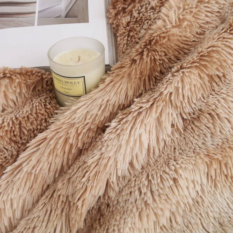 Knuffeldeken van imitatiebont Pluizig superzacht pluche dik en elegant lang haar Shaggy deken warme gezellige omkeerbare pluizige deken voor bank en bed (bruin 130 x 150 cm)