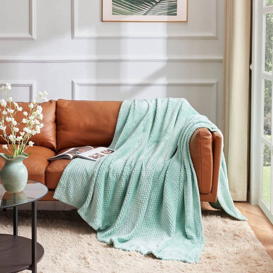 Knuffeldeken wafeldeken voor bank bed reizen zachte pluizige fleecedeken van microvezel voor alle seizoenen mintgroen 130 x 150 cm