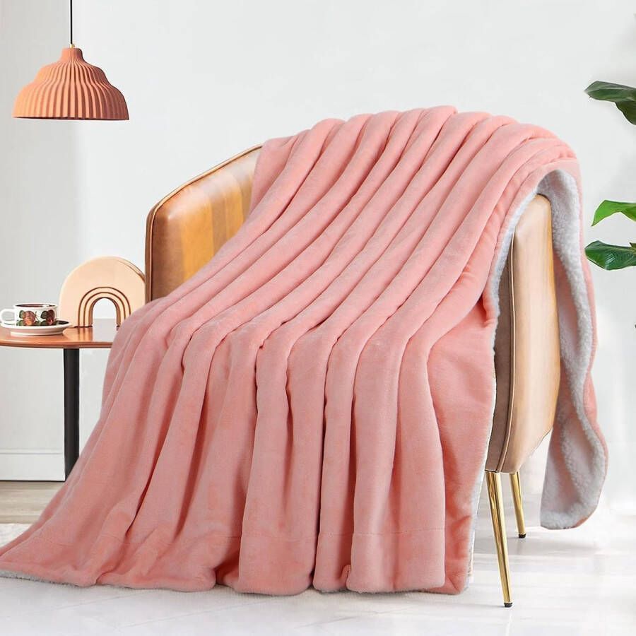 Knuffeldeken wollig fleecedeken roze extra warme sherpa deken bank XL 150 x 200 cm dikke woondeken zacht als woonkamerdeken bankdeken