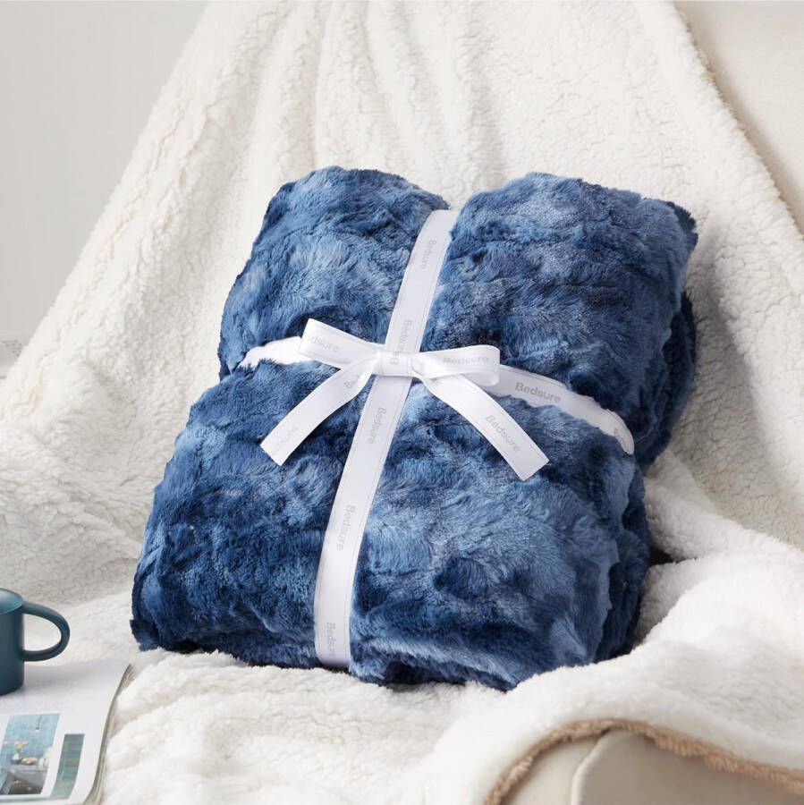 Knuffeldeken wollig sofadeken sprei imitatiebont fleece deken voor bank dikke woondeken warm pluche klein 130 x 150 cm blauw