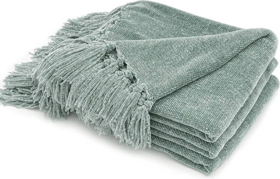 Knuffeldeken woondeken met franjes 127 x 152 cm chenille gebreide deken sofadeken warme zachte deken voor bed bank stoel (saliegroen)