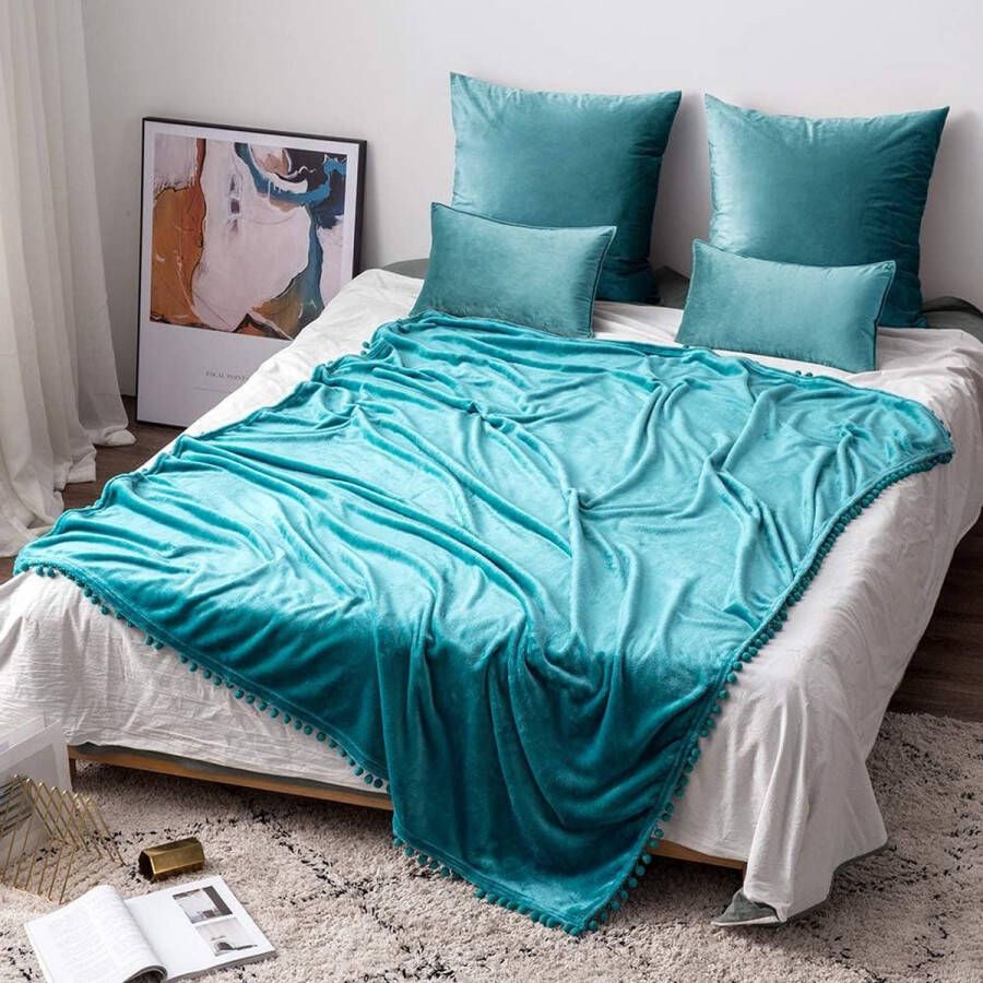 Knuffeldeken woondeken fleece microvezel met pompons effen wollig voor bed bank slaapkamer kantoor