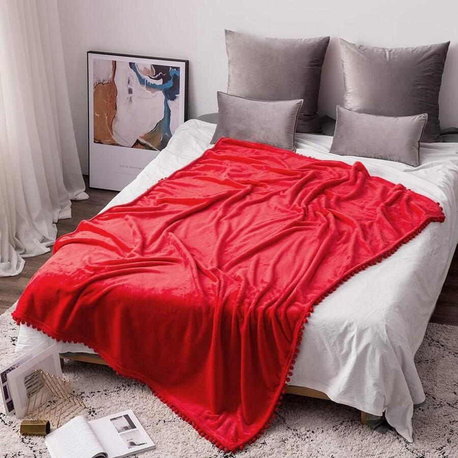 Knuffeldeken woondeken fleece microvezel met pompons effen wollig voor bed bank slaapkamer kantoor