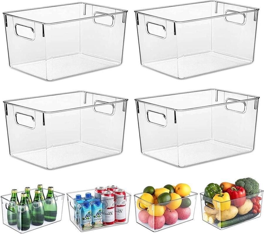 Koelkastorganizer set van 4 keukenopbergdozen met handgrepen Robuust en doorzichtig Organisatie voor keuken koelkast kasten badkamer BPA-vrij 29 x 20 x 15 5 cm