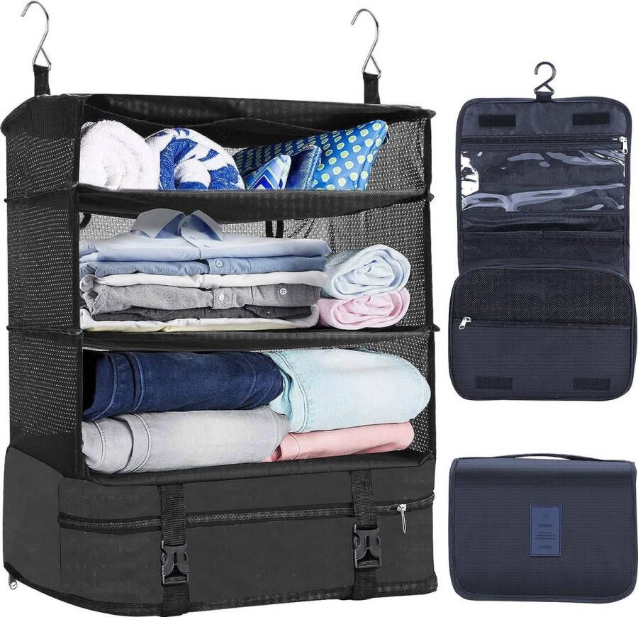 Koffer-organizer hangend opvouwbaar met make-uptas 2-delig draagbare pakkubus hangkast pakkubus om op te hangen opbergtas voor koffer en bagage zwart