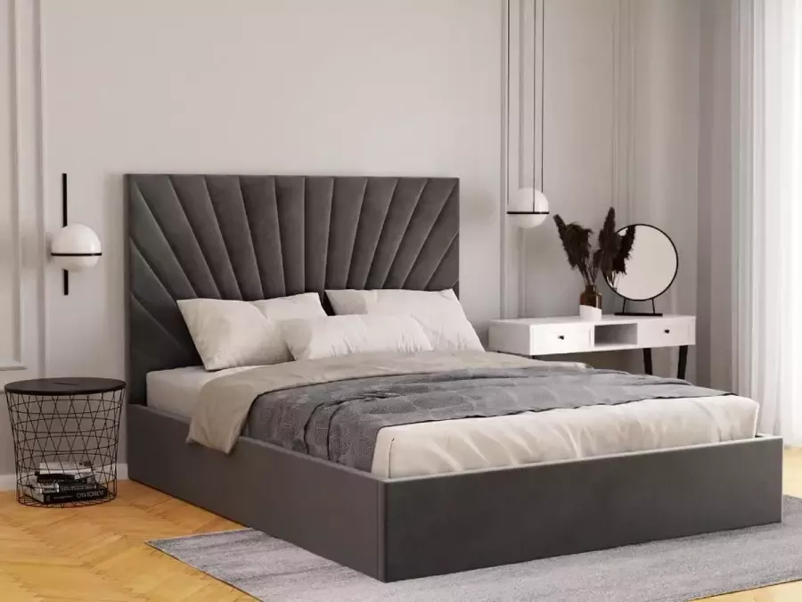 Pascal Morabito Kofferbed 140 x 190 cm Fluweel Grijs RILIODA van L 153 cm x H 120 cm x D 209 cm