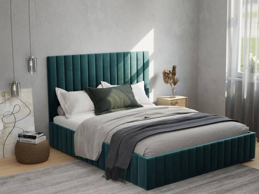 Pascal Morabito Kofferbed en hoofdbord met verticale stiksels 180 x 200 cm Fluweel Taupe LARALI van L 194 cm x H 120 cm x D 215 cm