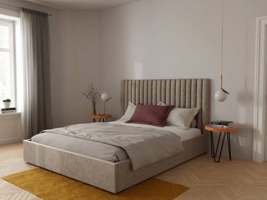 Vente-unique Bed met opbergruimte met hoofdbord met verticale stiksels 180 x 200 cm Stof Beige SARAH L 190 cm x H 120 cm x D 214 cm - Foto 6