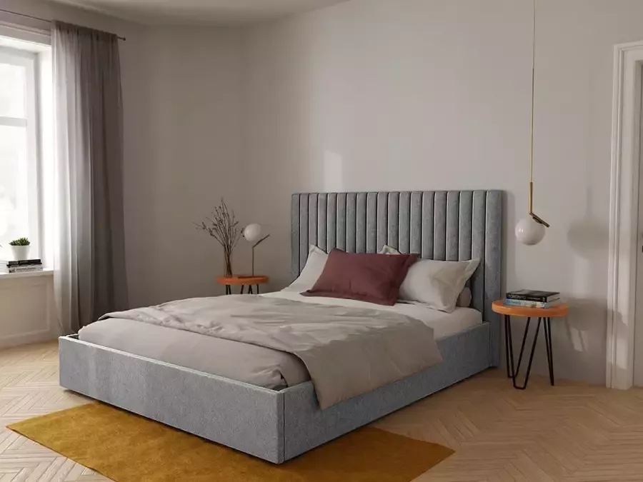 Kofferbed met hoofdeinde bed met verticale stiksel SARAH 140 x 190 cm Stof Grijs L 153 cm x H 120 cm x D 209 cm