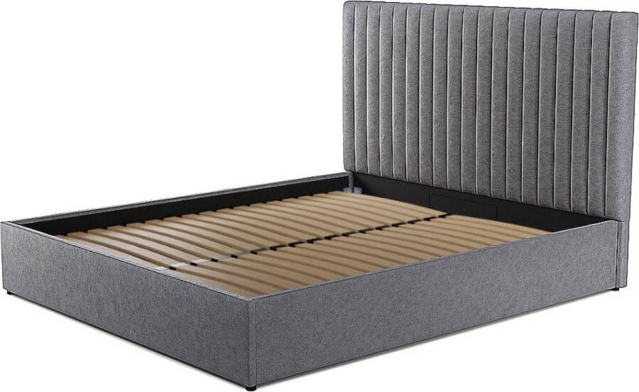 Vente-unique Bed met opbergruimte met hoofdbord met verticale stiksels 180 x 200 cm Stof Grijs SARAH L 190 cm x H 120 cm x D 214 cm - Foto 2