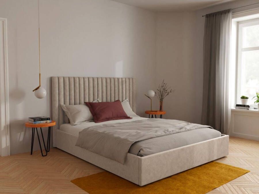 Vente-unique Bed met opbergruimte met hoofdbord met verticale stiksels SARAH 140 x 190 cm Stof Beige L 153 cm x H 120 cm x D 209 cm