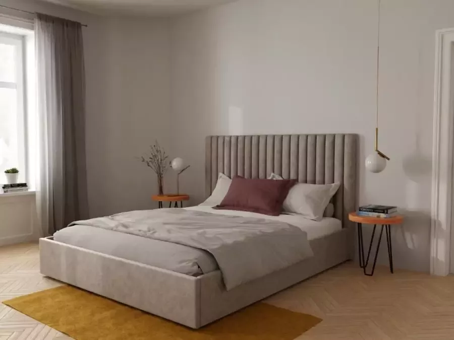 Vente-unique Bed met opbergruimte met hoofdbord met verticale stiksels SARAH 140 x 190 cm Stof Beige L 153 cm x H 120 cm x D 209 cm - Foto 3