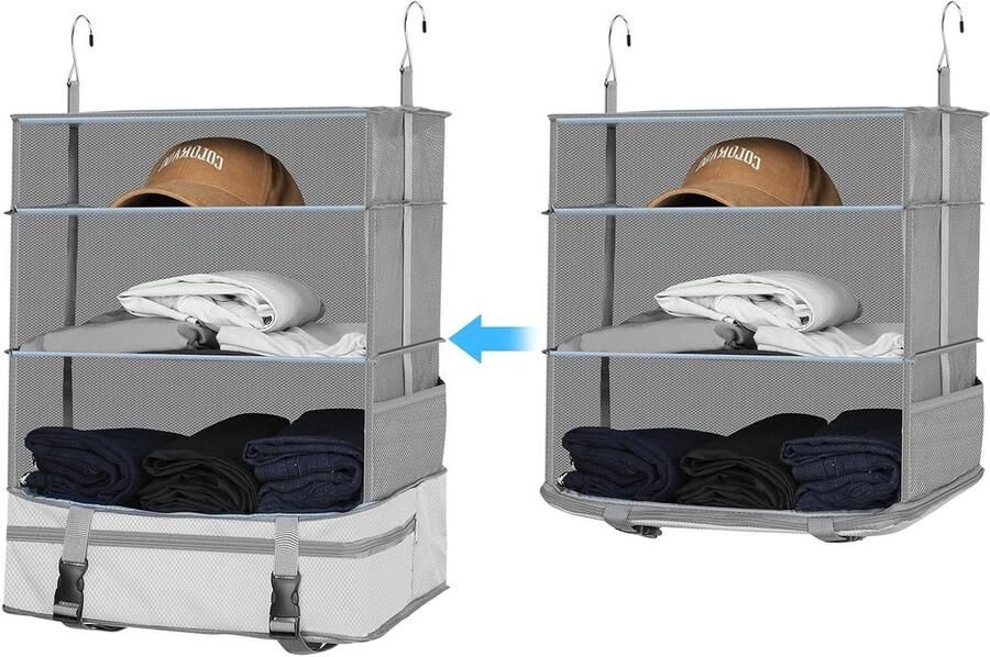 Kofferorganizer hangend voor kledingkast Groot formaat met 2 haken en 3 niveaus Opvouwbaar en handig voor reizen