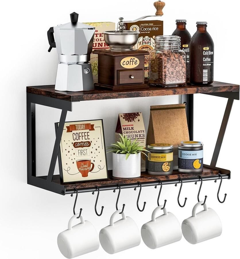 Koffie-organizer koffiebar-planken aan de muur gemonteerd met 8 haken koffiebar-accessoires organisator hout koffie-opslag voor koffiestation werkblad kruidenrek voor keuken 2-laags koffiecaddy
