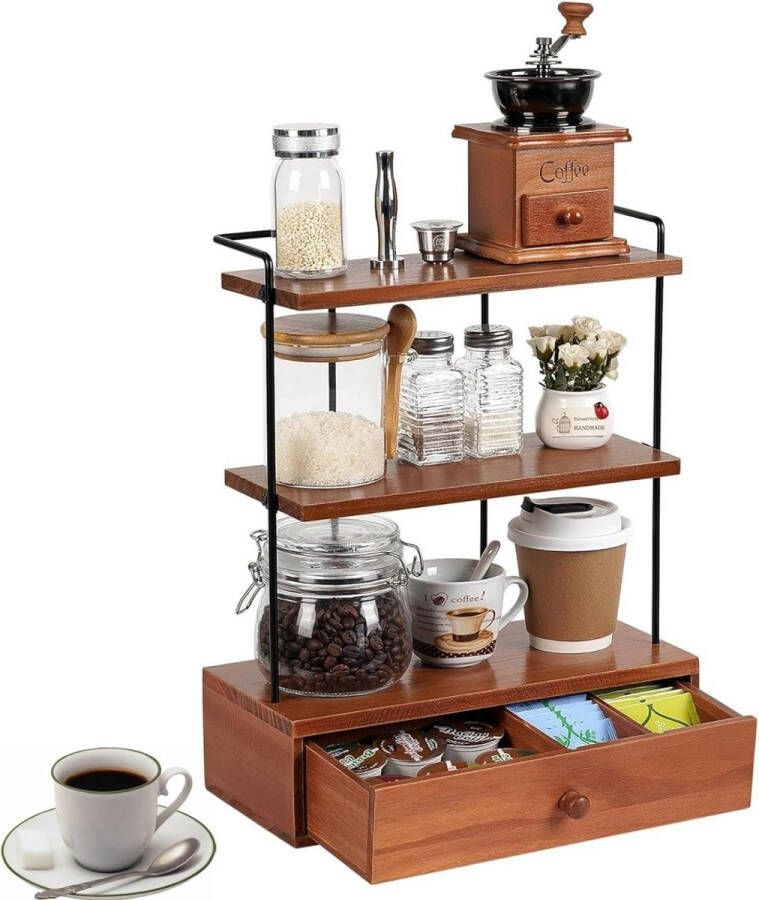 Koffiefeestatie-organizer met lade 3-traps koffieorganizer koffiestation etagère koffiebar accessoires opbergrek organizer voor werkblad keuken kantoor badkamer