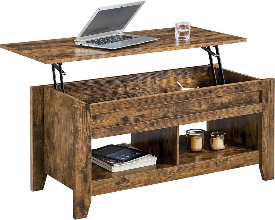Koffietafel in hoogte verstelbaar salontafel met verborgen opbergruimte salontafel met hefplaat en 2 open opbergvakken theetafel woonkamertafel roestbruin