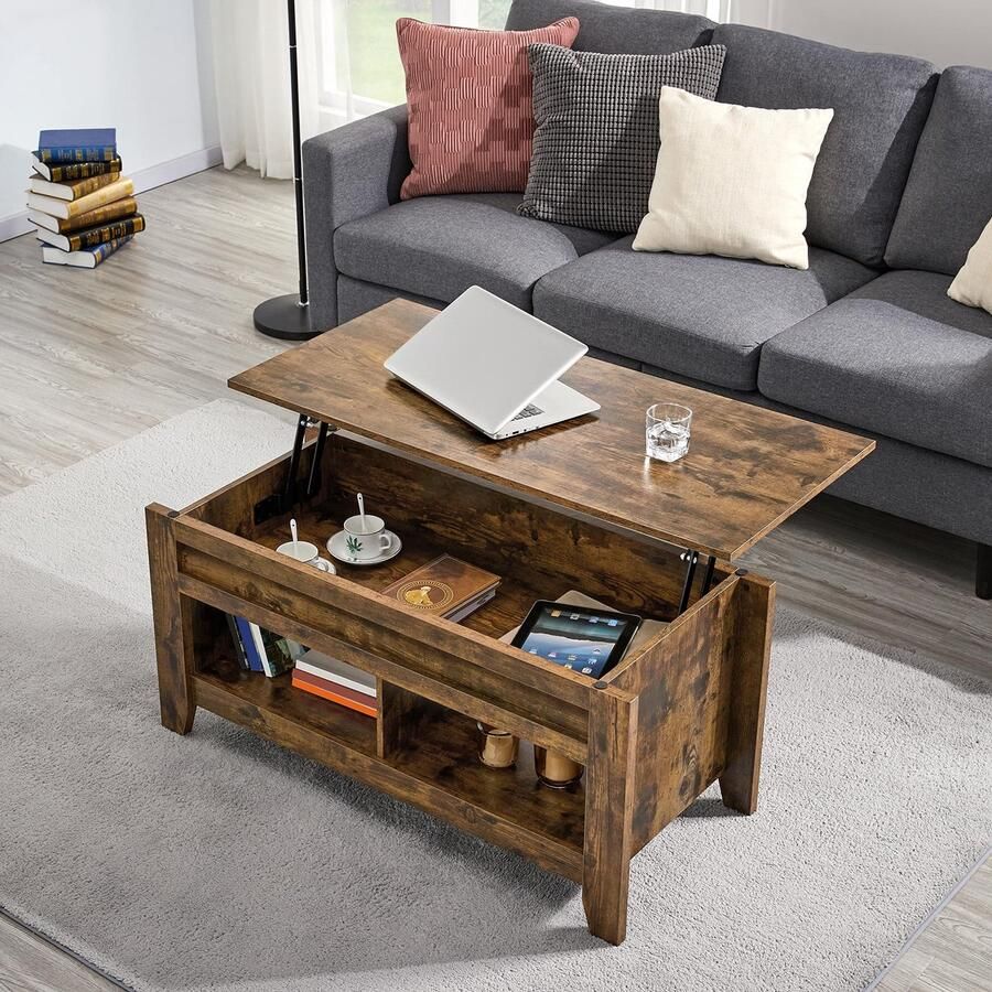 Koffietafel in hoogte verstelbaar salontafel met verborgen opbergruimte salontafel met hefplaat en 2 open opbergvakken theetafel woonkamertafel roestbruin