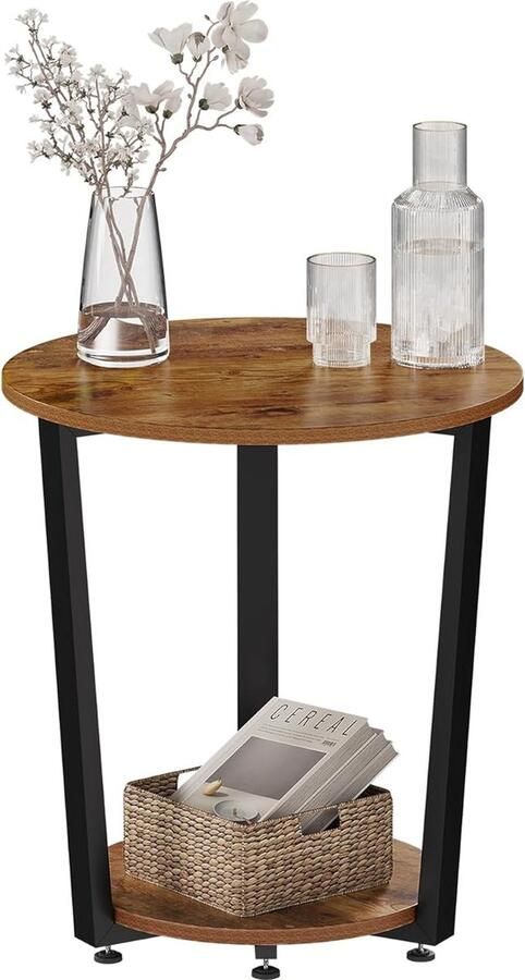 Koffietafel rond bijzettafel modern woonkamertafel klein banktafel met 2 planken woonkamertafel voor bank nachtkastje met opbergruimte van houtmateriaal vintage bruin BTS13shm
