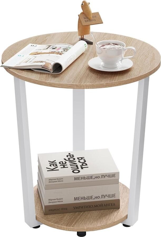 Koffietafel rond bijzettafel modern woonkamertafel klein banktafel met 2 planken woonkamertafel voor bank nachtkastje met opbergruimte van houtmateriaal licht eiken