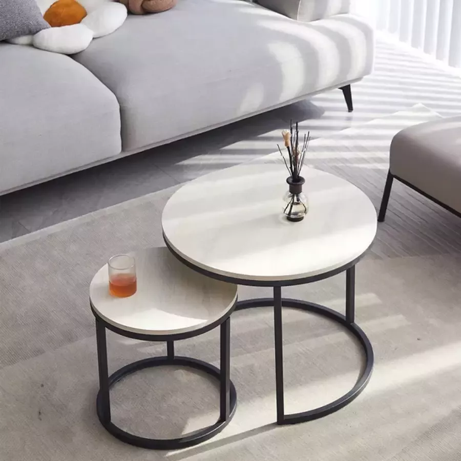 Koffietafel Set van 2 Bijzettafel 2 Stuks Marmer Design Tafeltjes Bijzettafeltjes Woonkamer Wit