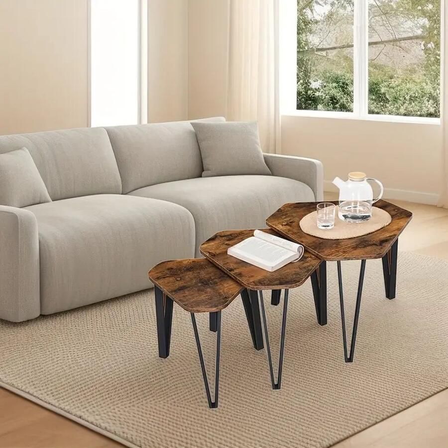 Salontafel Set van 3 – Industrieel Design – Hout & Metaal – Stapelbaar – 58 51 39 cm – Woonkamer Tafels