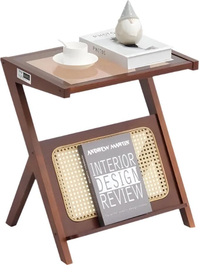 Koffietafel Table Coffe table Living Room Table Rotan Salontafel Z-vormig 47in Rotan Geweven Bamboe Salontafel met Gehard Glazen blad voor Woonkamer Slaapkamer