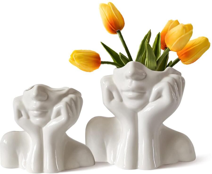 Kogxscej Esthetische vaas Set van 2 witte keramische vazen ​​voor decoratieve esthetische bloemen schattige hoofdvazen ​​Witte keramische lichaamsvazen ​​voor kantoor eettafel kamerdecoratie Esthetische vazen