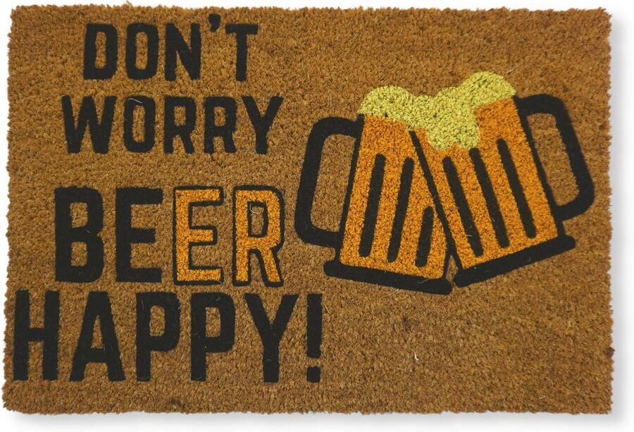 KOKO DEURMATTEN Kokosnoot deurmat met antislip PVC Grappige deurmat Don't Worry Beer Happy Milieuvriendelijk robuust en makkelijk schoon te maken 60x40 cm voor buiten en voordeur