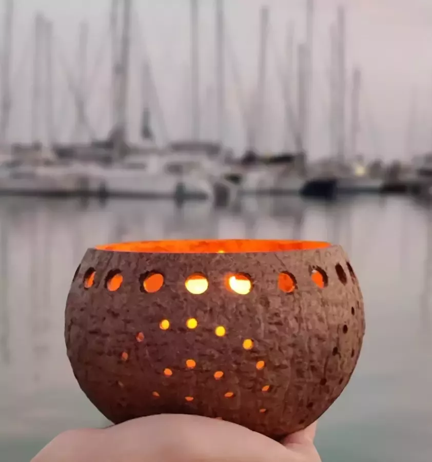 Kokosnoot Lantaarn Eettafel Decoratie Diameter Ca. 14 cm decoratie voor dressoir of ladekast Ca. 8 cm hoog lantaarn voor tuin en balkon keuken woonkamer