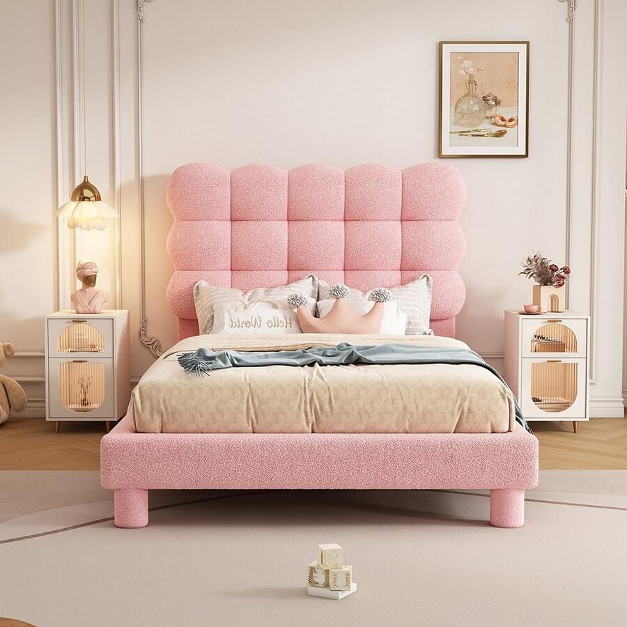 KOMHTOM Bed Eenpersoonsbed 90x200 cm Volwassen bed Gestoffeerd Drievoudig verstelbaar hoofdbord roze