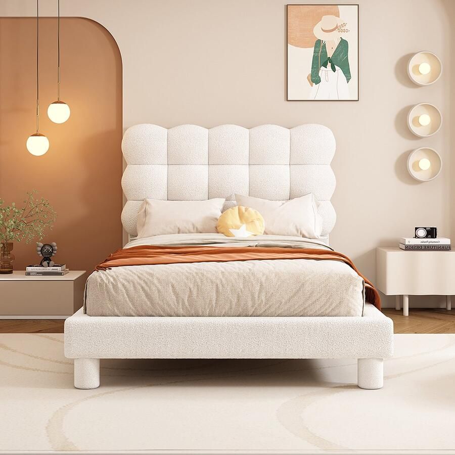 Gotagee Gestoffeerd bed 90X200cm vlak bed hoofdeinde gestoffeerd drievoudig verstelbaar hoofdeinde modieus en eenvoudig wit - Foto 2